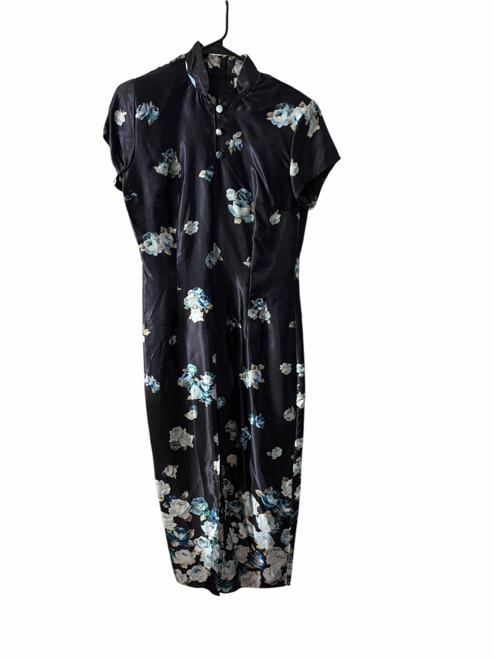 Breakin' Loose 90s Vtg Blue Satin Cheongsam Qipao Floral Dress Sz 11/12